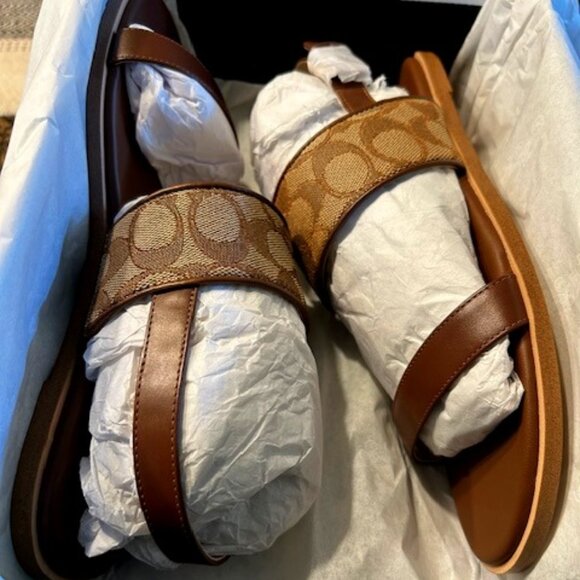 Coach Khaki/Dark Saddle Harley Sandal In Signature Jacquard - Picture 1 of 11